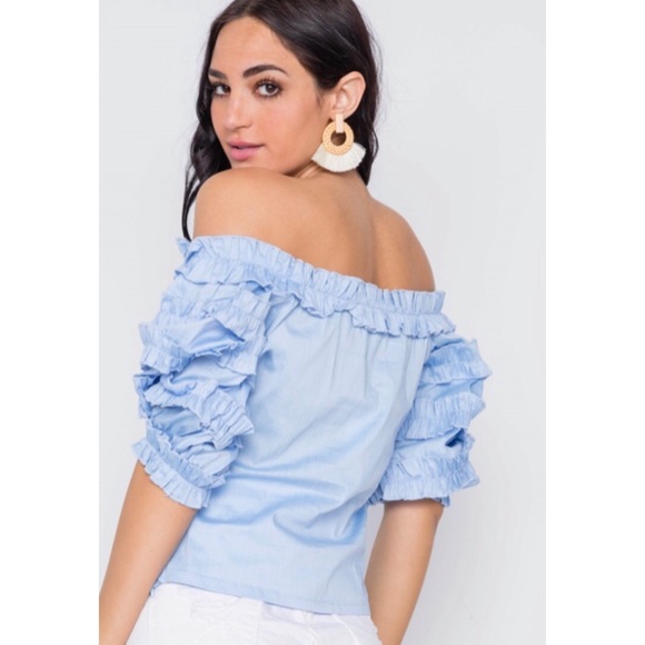 Blue 3/4 Puff Sleeve Off Shoulder Top - Picture 2 of 3